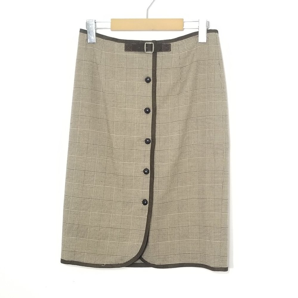 L'Officiel Vintage Wool Blend Lined Faux Suede Trim Tan Hounds Tooth Plaid Sz 4